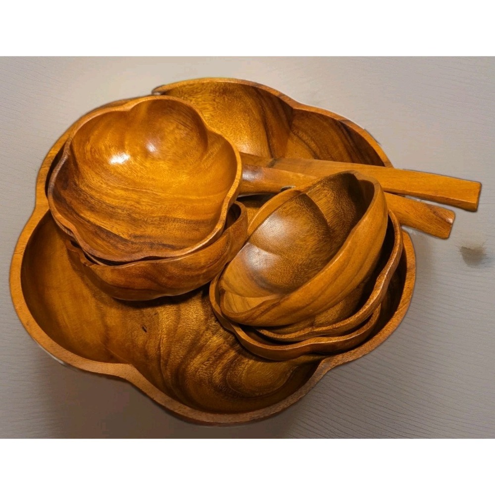 Carabao Monkey Pod Wood Salad Bowl Set 6 Bowls, 1 Serving Bowl w/ Fork & Spoon